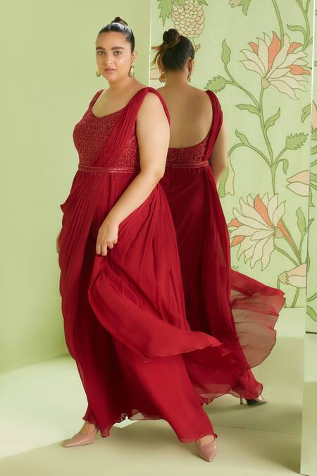 Sanjev Marwaaha_Red Georgette Cutdana Work, Sequins V Neck Embroidered Pre-draped Jumpsuit Saree_Online_at_Aza_Fashions