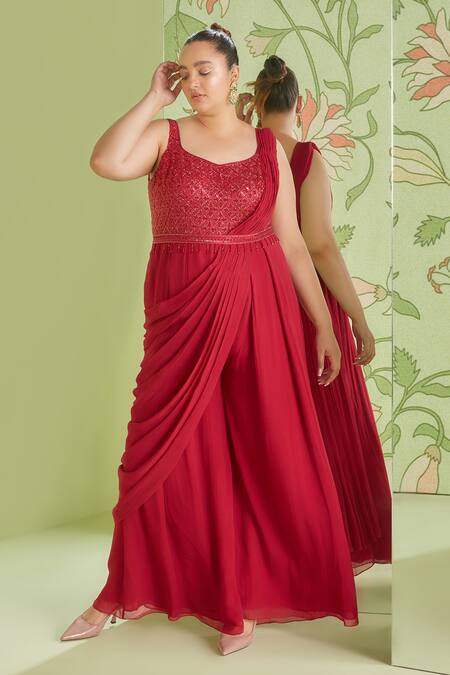 Buy_Sanjev Marwaaha_Red Georgette Cutdana Work, Sequins V Neck Embroidered Pre-draped Jumpsuit Saree_Online_at_Aza_Fashions