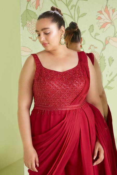 Shop_Sanjev Marwaaha_Red Georgette Cutdana Work, Sequins V Neck Embroidered Pre-draped Jumpsuit Saree_Online_at_Aza_Fashions