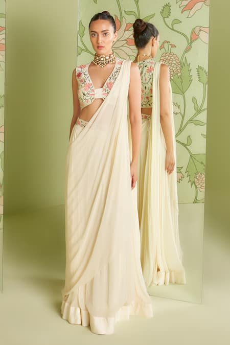 Sanjev Marwaaha Pre-Draped Saree With Embroidered Blouse 