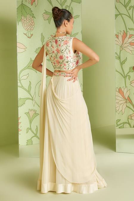 Shop Sanjev Marwaaha White Georgette Cutdana Work, Thread Pre-draped Saree With Embroidered Blouse at Aza Fashions Shop_Sanjev Marwaaha_White Georgette Cutdana Work, Thread Pre-draped Saree With Embroidered Blouse_at_Aza_Fashions