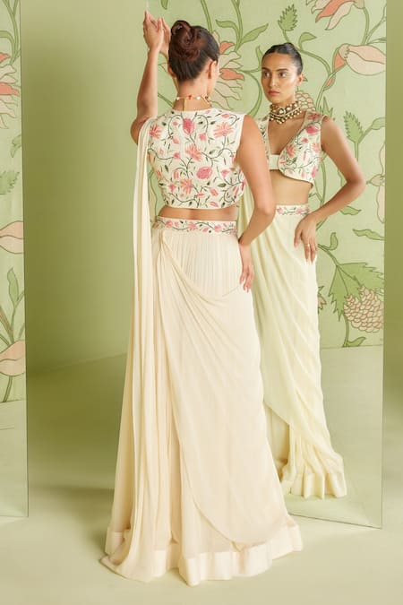 Sanjev Marwaaha White Georgette Cutdana Work, Thread Pre-draped Saree With Embroidered Blouse Online at Aza Fashions Sanjev Marwaaha_White Georgette Cutdana Work, Thread Pre-draped Saree With Embroidered Blouse_Online_at_Aza_Fashions