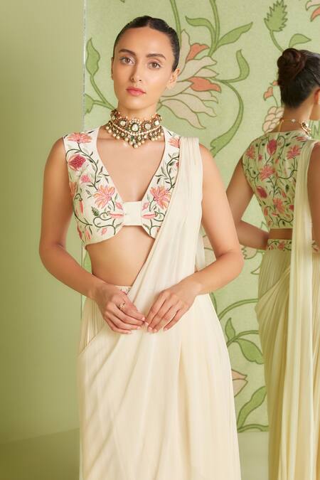 Buy Sanjev Marwaaha White Georgette Cutdana Work, Thread Pre-draped Saree With Embroidered Blouse Online at Aza Fashions Buy_Sanjev Marwaaha_White Georgette Cutdana Work, Thread Pre-draped Saree With Embroidered Blouse_Online_at_Aza_Fashions