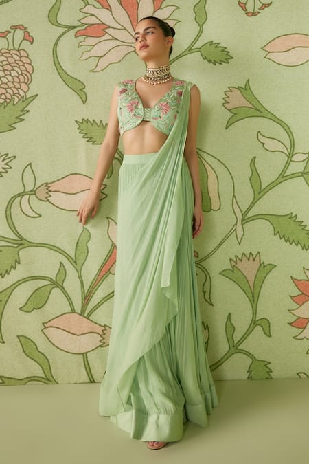 Sanjev Marwaaha Pre-Draped Saree With Embroidered Blouse 