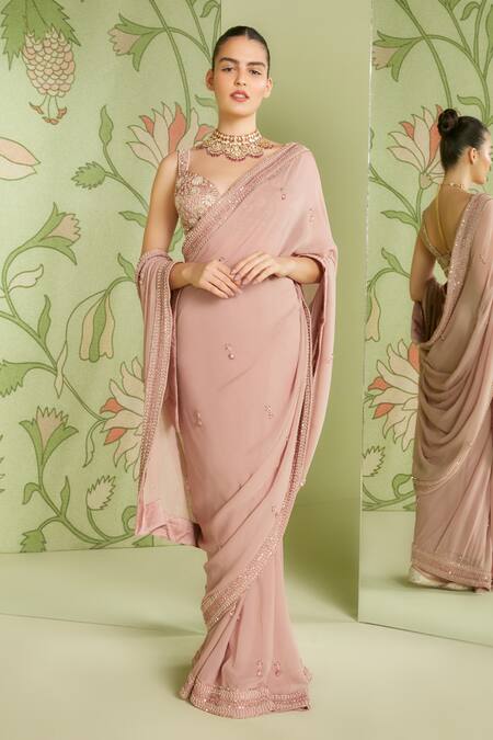 Sanjev Marwaaha Bead Embroidered Saree With Blouse 