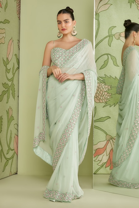 Sanjev Marwaaha Geometric Embroidered Saree With Blouse 