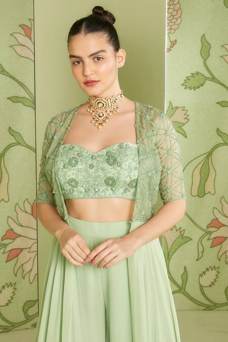 Sanjev Marwaaha_Green Georgette Bead Work, Cutdana Work, Floral Embroidered Jacket Pant Set_Online_at_Aza_Fashions