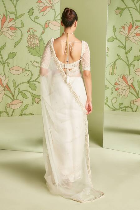 Shop_Sanjev Marwaaha_White Organza Bead Work, Cutdana Work, Sequins Embroidered Saree With Blouse_at_Aza_Fashions