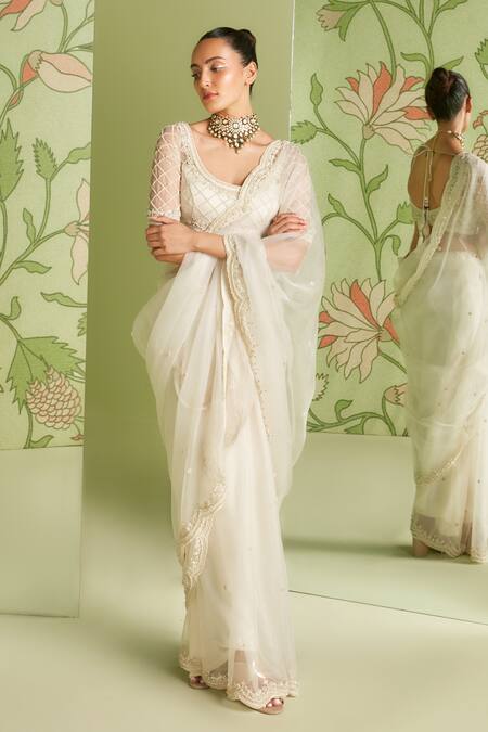 Sanjev Marwaaha_White Organza Bead Work, Cutdana Work, Sequins Embroidered Saree With Blouse_Online_at_Aza_Fashions