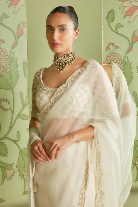 Buy_Sanjev Marwaaha_White Organza Bead Work, Cutdana Work, Sequins Embroidered Saree With Blouse_Online_at_Aza_Fashions