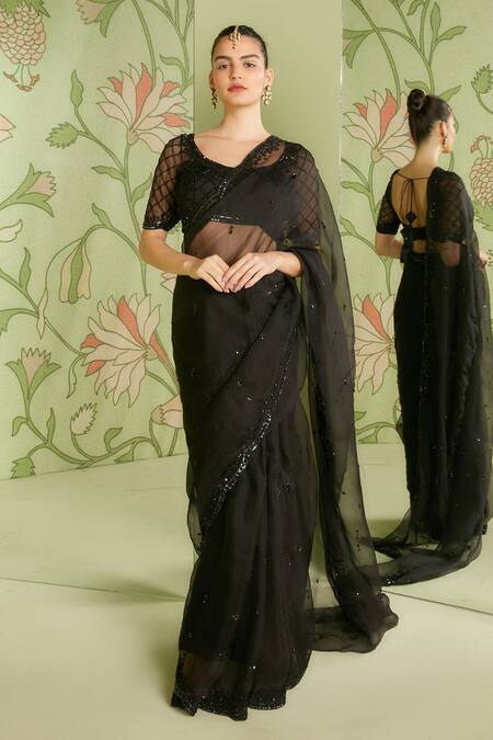Sanjev Marwaaha_Black Georgette Bead Work, Cutdana Work, Sequins Embroidered Saree With Blouse_Online_at_Aza_Fashions