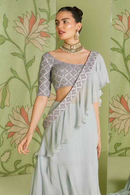 Sanjev Marwaaha_Grey Georgette Cutdana , Resham Ruffle Pre-draped Saree With Blouse_Online_at_Aza_Fashions