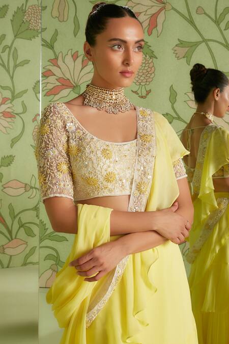 Sanjev Marwaaha_Yellow Georgette Cutdana , Resham Ruffle Pre-draped Saree With Blouse_Online_at_Aza_Fashions
