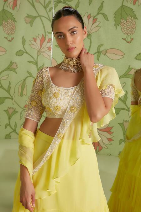 Buy_Sanjev Marwaaha_Yellow Georgette Cutdana , Resham Ruffle Pre-draped Saree With Blouse_Online_at_Aza_Fashions