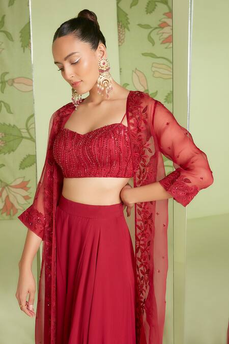 Sanjev Marwaaha_Red Organza, Georgette Bead Work, Cutdana Floral Embroidered Jacket Pant Set_Online_at_Aza_Fashions