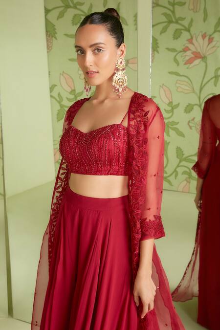 Buy_Sanjev Marwaaha_Red Organza, Georgette Bead Work, Cutdana Floral Embroidered Jacket Pant Set_Online_at_Aza_Fashions