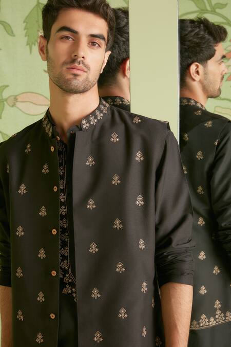 Buy Sanjev Marwaaha Black Cotton Silk Thread Work Geometric Embroidered Bundi Kurta Set Online at Aza Fashions Buy_Sanjev Marwaaha_Black Cotton Silk Thread Work Geometric Embroidered Bundi Kurta Set_Online_at_Aza_Fashions