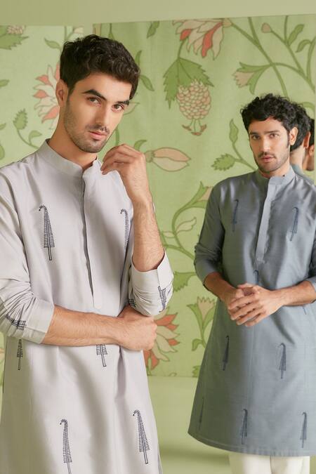 Sanjev Marwaaha_Grey Cotton Silk Thread Work Tree Embroidered Kurta Set_Online_at_Aza_Fashions