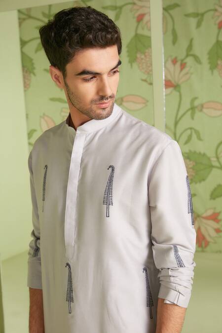 Buy_Sanjev Marwaaha_Grey Cotton Silk Thread Work Tree Embroidered Kurta Set_Online_at_Aza_Fashions