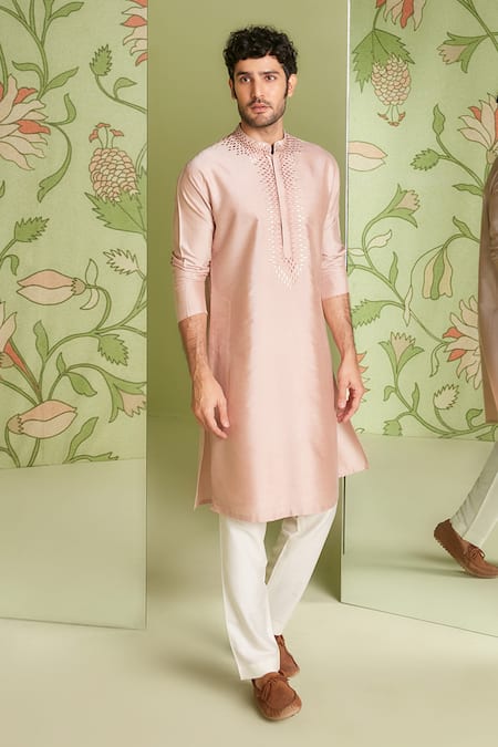 Sanjev Marwaaha Pink Cotton Silk Embroidered Thread Work Placket Kurta Set 