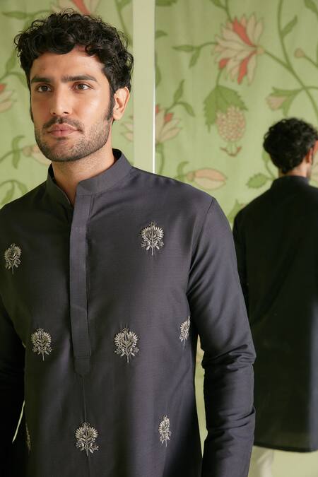 Buy_Sanjev Marwaaha_Grey Cotton Silk Thread Work Floral Embroidered Kurta Set_Online_at_Aza_Fashions
