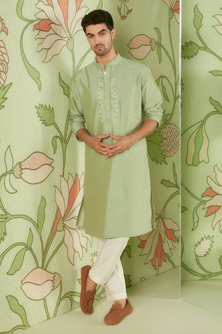 Sanjev Marwaaha Green Cotton Silk Embroidered Thread Work Placket Bundi Kurta Set 