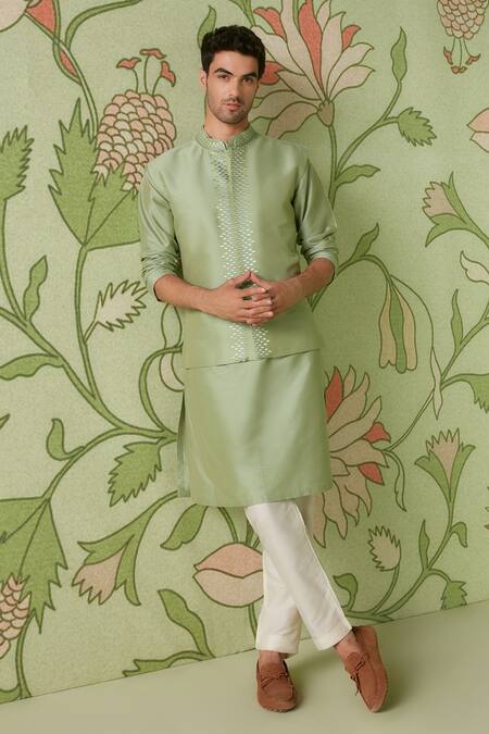 Shop_Sanjev Marwaaha_Green Cotton Silk Thread Work Embroidered Placket Bundi Kurta Set_at_Aza_Fashions