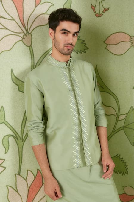 Sanjev Marwaaha_Green Cotton Silk Thread Work Embroidered Placket Bundi Kurta Set_Online_at_Aza_Fashions