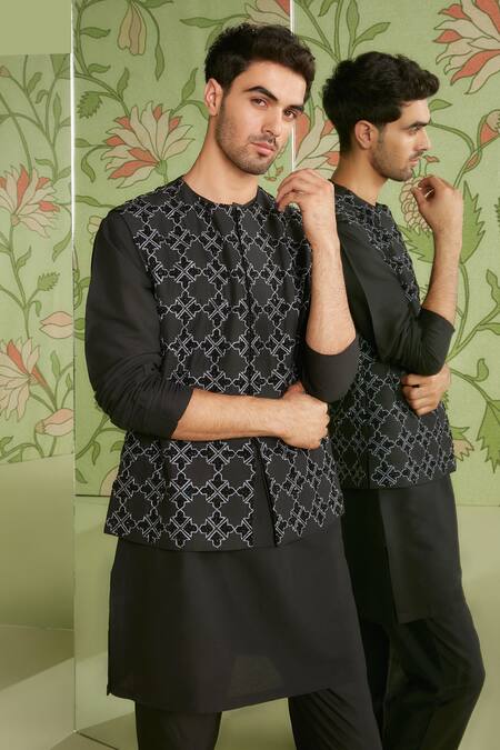 Shop Sanjev Marwaaha Black Cotton Silk Thread And Bead Geometric Embroidered Bundi Kurta Set at Aza Fashions Shop_Sanjev Marwaaha_Black Cotton Silk Thread And Bead Geometric Embroidered Bundi Kurta Set_at_Aza_Fashions