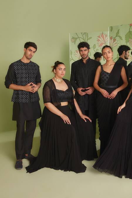 Sanjev Marwaaha Black Cotton Silk Thread And Bead Geometric Embroidered Bundi Kurta Set Online at Aza Fashions Sanjev Marwaaha_Black Cotton Silk Thread And Bead Geometric Embroidered Bundi Kurta Set_Online_at_Aza_Fashions