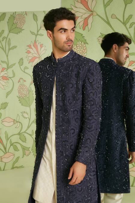 Sanjev Marwaaha Blue Cotton Silk Sequins And Beads Geometric Embroidered Long Jacket Kurta Set Online at Aza Fashions Sanjev Marwaaha_Blue Cotton Silk Sequins And Beads Geometric Embroidered Long Jacket Kurta Set_Online_at_Aza_Fashions