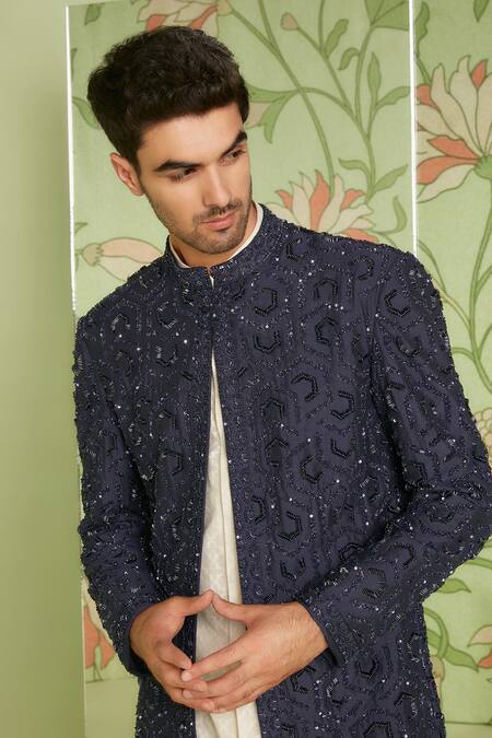Buy Sanjev Marwaaha Blue Cotton Silk Sequins And Beads Geometric Embroidered Long Jacket Kurta Set Online at Aza Fashions Buy_Sanjev Marwaaha_Blue Cotton Silk Sequins And Beads Geometric Embroidered Long Jacket Kurta Set_Online_at_Aza_Fashions
