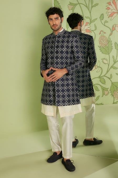 Sanjev Marwaaha Geometric Embroidered Sherwani Set 