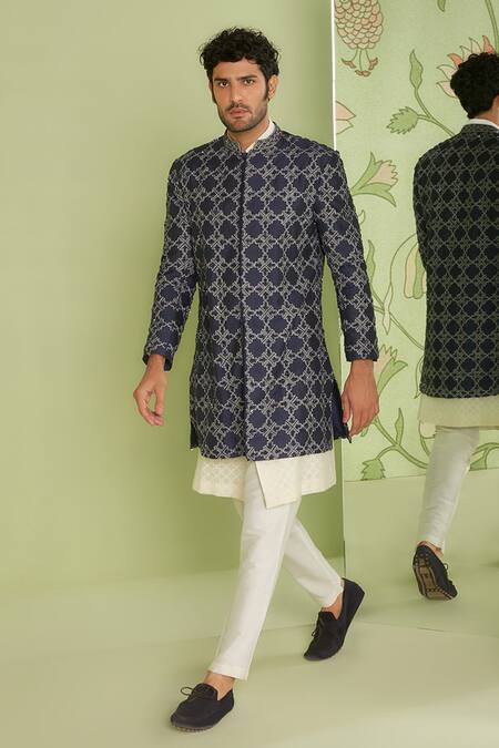 Shop Sanjev Marwaaha Blue Cotton Silk Bead And Sequin, Embroidered Geometric Sherwani Set at Aza Fashions Shop_Sanjev Marwaaha_Blue Cotton Silk Bead And Sequin, Embroidered Geometric Sherwani Set_at_Aza_Fashions