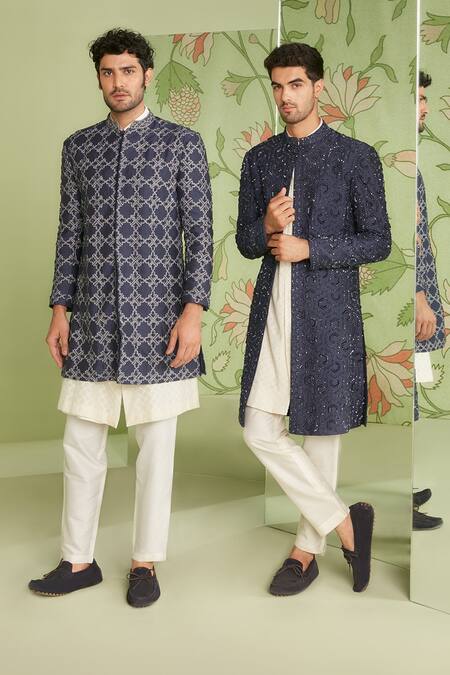 Sanjev Marwaaha Blue Cotton Silk Bead And Sequin, Embroidered Geometric Sherwani Set Online at Aza Fashions Sanjev Marwaaha_Blue Cotton Silk Bead And Sequin, Embroidered Geometric Sherwani Set_Online_at_Aza_Fashions