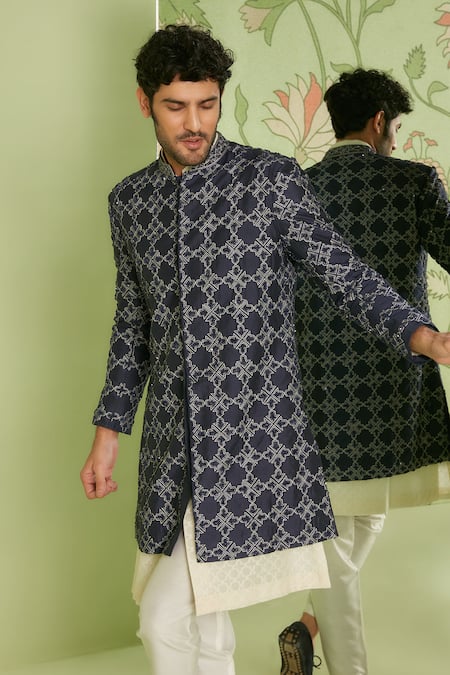 Buy Sanjev Marwaaha Blue Cotton Silk Bead And Sequin, Embroidered Geometric Sherwani Set Online at Aza Fashions Buy_Sanjev Marwaaha_Blue Cotton Silk Bead And Sequin, Embroidered Geometric Sherwani Set_Online_at_Aza_Fashions