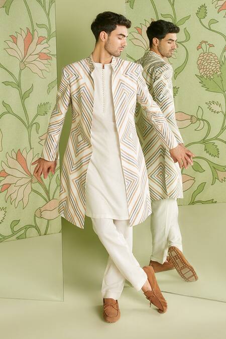 Sanjev Marwaaha_Ivory Cotton Silk Applique, Cord Geometric Embroidered Long Jacket Kurta Set_Online_at_Aza_Fashions