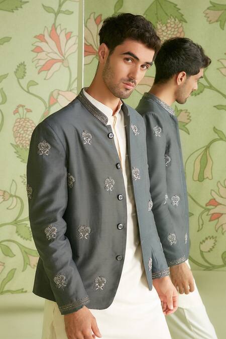 Sanjev Marwaaha_Grey Cotton Silk Cutdana , Thread Floral Embroidered Bandhgala Set_Online_at_Aza_Fashions