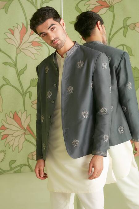 Buy_Sanjev Marwaaha_Grey Cotton Silk Cutdana , Thread Floral Embroidered Bandhgala Set_Online_at_Aza_Fashions