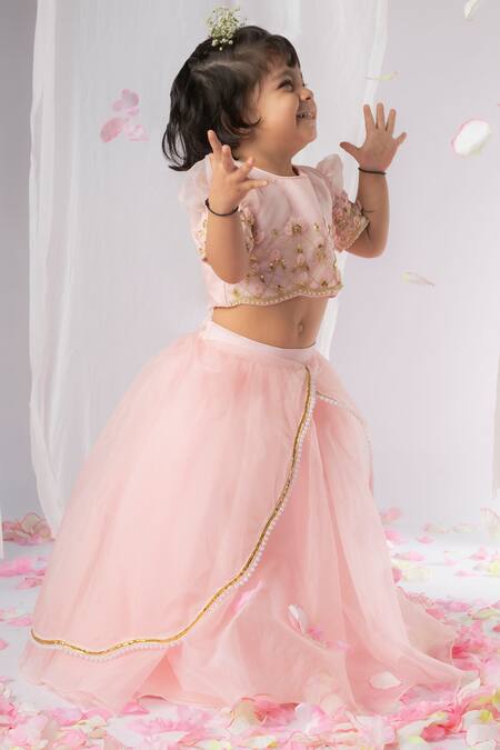 Lil Angels_Pink Organza, Silk, Cotton Beads, Sequins Embroidered Blouse And Lehenga Set _Online_at_Aza_Fashions