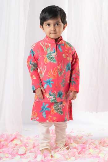 Lil Angels_Pink Muslin, Cotton Embroidery Floral Print Bundi Kurta Set _Online_at_Aza_Fashions