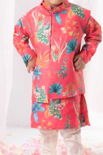Buy_Lil Angels_Pink Muslin, Cotton Embroidery Floral Print Bundi Kurta Set _Online_at_Aza_Fashions