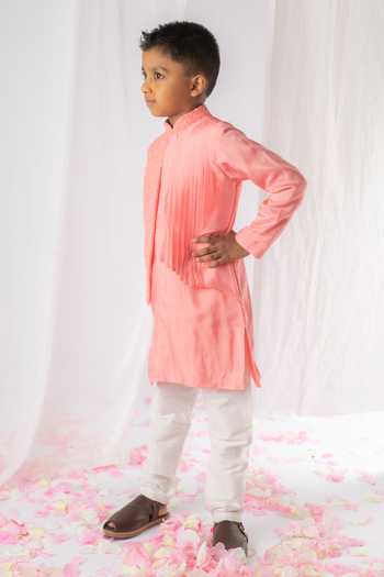 Lil Angels_Peach Chanderi, Cotton Sequins, Chikankari Layered Kurta And Churidar Set _Online_at_Aza_Fashions
