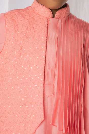 Buy_Lil Angels_Peach Chanderi, Cotton Sequins, Chikankari Layered Kurta And Churidar Set _Online_at_Aza_Fashions