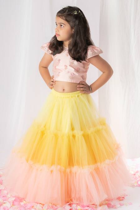 Lil Angels_Pink Cotton, Net Embroidery, Sequins Floral Blouse And Lehenga Set _Online_at_Aza_Fashions