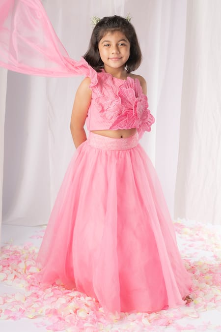Buy Fuchsia Lehenga And Blouse Chanderi Embellished Set With Cape For Girls  by Priyanka Jain Online at Aza Fashions.