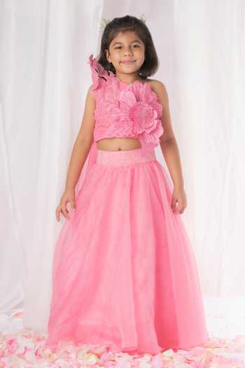 Lil Angels_Pink Organza, Cotton Beads, Embroidery One Shoulder Blouse And Lehenga Set _Online_at_Aza_Fashions