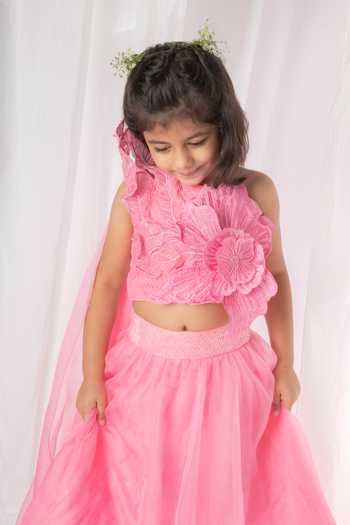 Buy_Lil Angels_Pink Organza, Cotton Beads, Embroidery One Shoulder Blouse And Lehenga Set _Online_at_Aza_Fashions