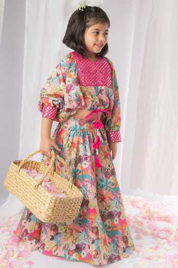 Lil Angels_Multi Color Muslin, Cotton Mirrors, Embroidery Floral Print Top And Lehenga Set _Online_at_Aza_Fashions