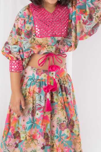 Buy_Lil Angels_Multi Color Muslin, Cotton Mirrors, Embroidery Floral Print Top And Lehenga Set _Online_at_Aza_Fashions
